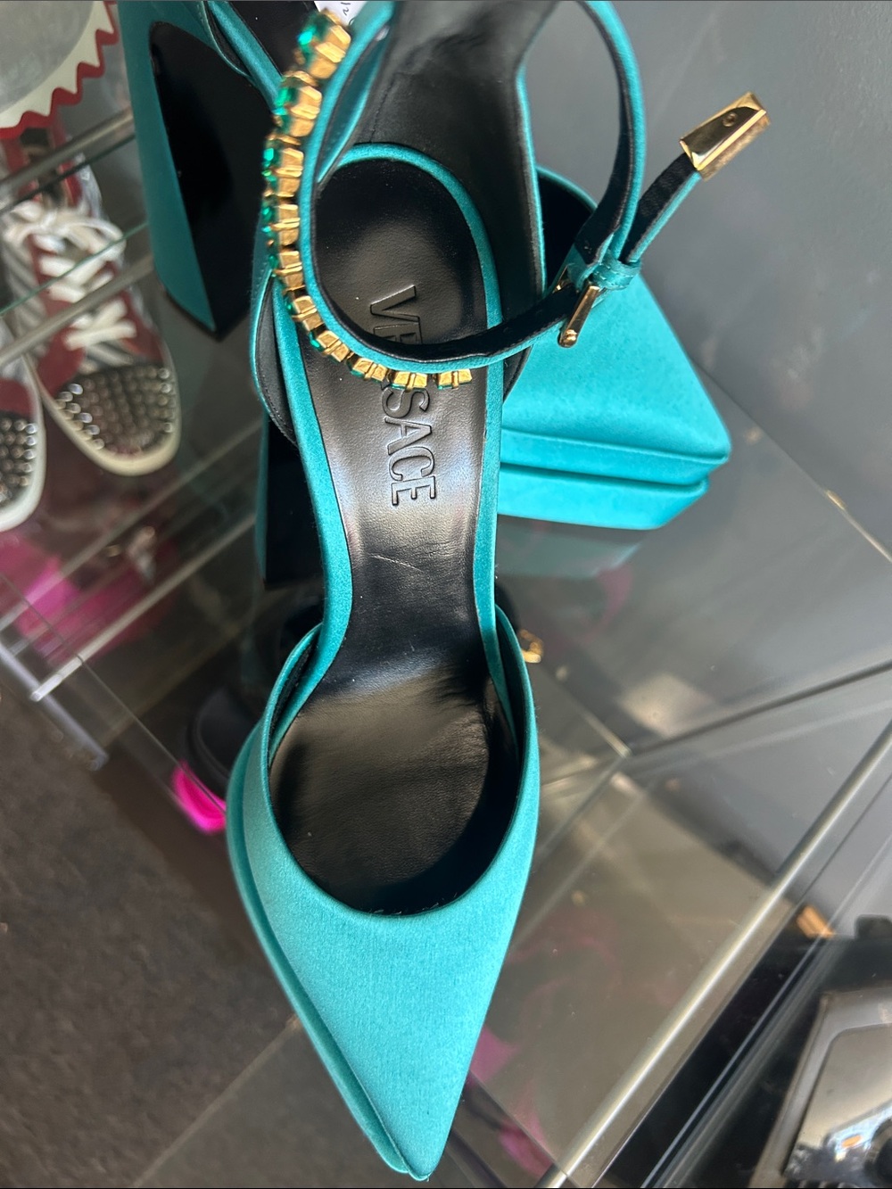 Versace Teal Platform Satin Heels with Jeweled Ankle Strap - Picture 6 of 6